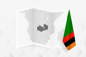 A grayscale map of Zambia with a hanging Zambian flag on one side. Map for many types of news. vector