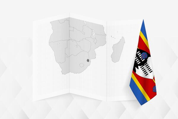 A grayscale map of Swaziland with a hanging Swazi flag on one side. Map for many types of news.