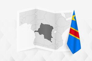 A grayscale map of DR Congo with a hanging DR Congolese flag on one side. Map for many types of news. vector