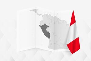 A grayscale map of Peru with a hanging Peruvian flag on one side. Map for many types of news. vector
