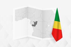 A grayscale map of Congo with a hanging Congolese flag on one side. Map for many types of news. vector