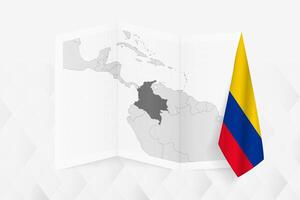 A grayscale map of Colombia with a hanging Colombian flag on one side. Map for many types of news. vector