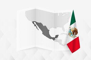 A grayscale map of Mexico with a hanging Mexican flag on one side. Map for many types of news. vector