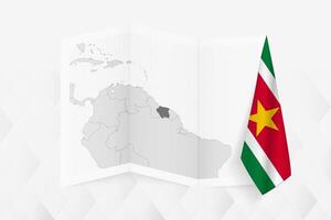 A grayscale map of Suriname with a hanging Surinamese flag on one side. Map for many types of news. vector