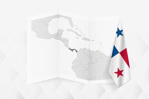 A grayscale map of Panama with a hanging Panamanian flag on one side. Map for many types of news. vector