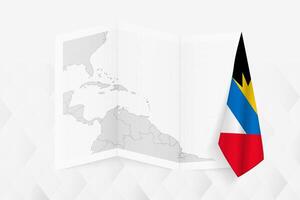 A grayscale map of Antigua and Barbuda with a hanging Antiguan and Barbudan flag on one side. Map for many types of news. vector