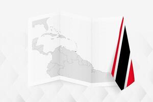 A grayscale map of Trinidad and Tobago with a hanging Trinidadian and Tobagonian flag on one side. Map for many types of news. vector