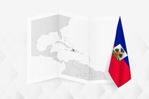 A grayscale map of Haiti with a hanging Haitian flag on one side. Map for many types of news. vector