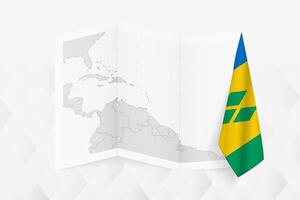 A grayscale map of Saint Vincent and the Grenadines with a hanging Saint Vincent and the Grenadines flag on one side. Map for many types of news. vector