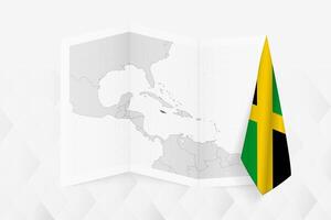 A grayscale map of Jamaica with a hanging Jamaican flag on one side. Map for many types of news. vector