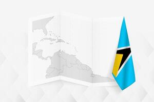 A grayscale map of Saint Lucia with a hanging Saint Lucian flag on one side. Map for many types of news. vector