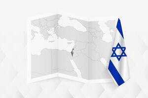 A grayscale map of Israel with a hanging Israeli flag on one side. Map for many types of news. vector