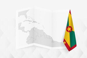 A grayscale map of Grenada with a hanging Grenadian flag on one side. Map for many types of news. vector