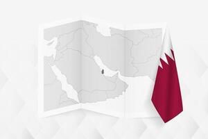 A grayscale map of Qatar with a hanging Qatari flag on one side. Map for many types of news. vector