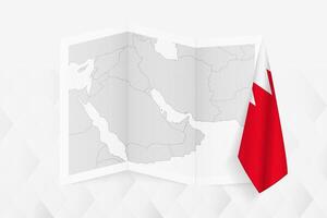 A grayscale map of Bahrain with a hanging Bahraini flag on one side. Map for many types of news. vector