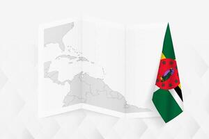 A grayscale map of Dominica with a hanging Dominican flag on one side. Map for many types of news. vector