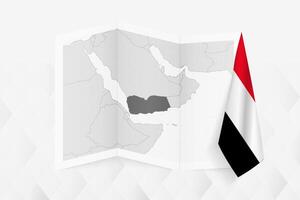 A grayscale map of Yemen with a hanging Yemeni flag on one side. Map for many types of news. vector