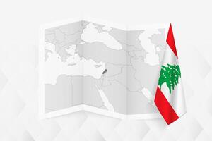 A grayscale map of Lebanon with a hanging Lebanese flag on one side. Map for many types of news. vector