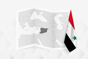 A grayscale map of Syria with a hanging Syrian flag on one side. Map for many types of news. vector