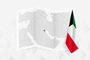 A grayscale map of Kuwait with a hanging Kuwaiti flag on one side. Map for many types of news. vector