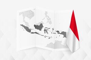A grayscale map of Indonesia with a hanging Indonesian flag on one side. Map for many types of news. vector
