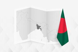 A grayscale map of Bangladesh with a hanging Bangladeshi flag on one side. Map for many types of news. vector