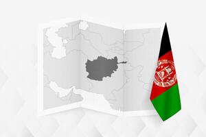 A grayscale map of Afghanistan with a hanging Afghan flag on one side. Map for many types of news. vector