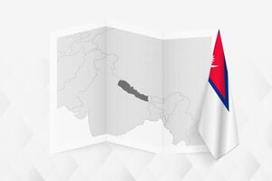 A grayscale map of Nepal with a hanging Nepalese flag on one side. Map for many types of news. vector
