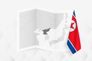 A grayscale map of North Korea with a hanging North Korean flag on one side. Map for many types of news. vector