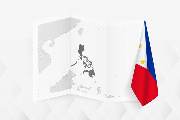 A grayscale map of Philippines with a hanging Filipino flag on one side. Map for many types of news.