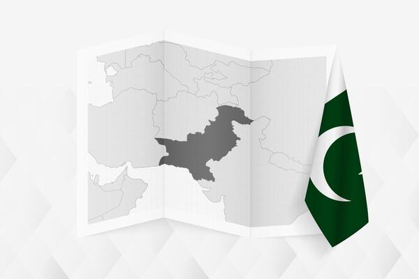 A grayscale map of Pakistan with a hanging Pakistani flag on one side. Map for many types of news.