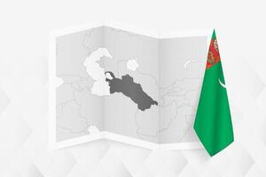 A grayscale map of Turkmenistan with a hanging Turkmenistani flag on one side. Map for many types of news. vector