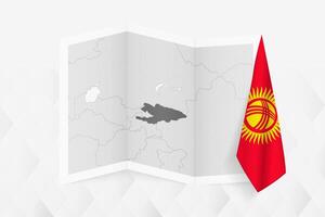 A grayscale map of Kyrgyzstan with a hanging Kyrgyzstani flag on one side. Map for many types of news. vector