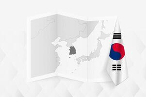A grayscale map of South Korea with a hanging South Korean flag on one side. Map for many types of news. vector