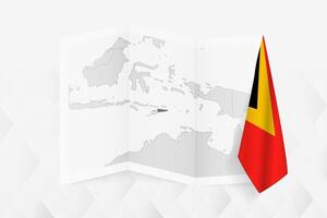 A grayscale map of East Timor with a hanging East Timorese flag on one side. Map for many types of news. vector