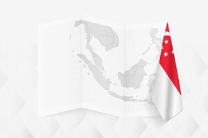 A grayscale map of Singapore with a hanging Singaporean flag on one side. Map for many types of news. vector