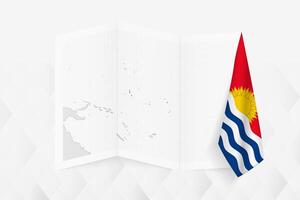 A grayscale map of Kiribati with a hanging Kiribati flag on one side. Map for many types of news. vector