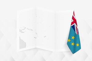 A grayscale map of Tuvalu with a hanging Tuvaluan flag on one side. Map for many types of news. vector