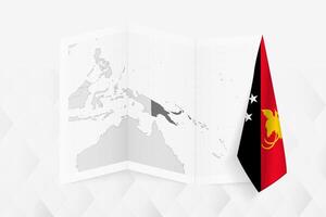 A grayscale map of Papua New Guinea with a hanging Papua New Guinean flag on one side. Map for many types of news. vector