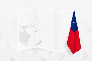A grayscale map of Samoa with a hanging Samoan flag on one side. Map for many types of news. vector