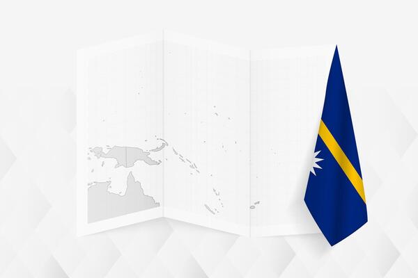 A grayscale map of Nauru with a hanging Nauruan flag on one side. Map for many types of news.