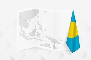 A grayscale map of Palau with a hanging Palauan flag on one side. Map for many types of news. vector