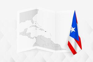 A grayscale map of Puerto Rico with a hanging Puerto Rico flag on one side. Map for many types of news. vector