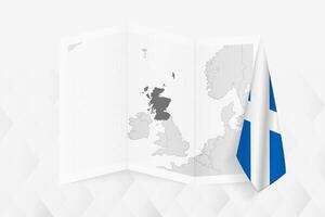 A grayscale map of Scotland with a hanging Scotland flag on one side. Map for many types of news. vector