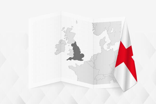 A grayscale map of England with a hanging England flag on one side. Map for many types of news.