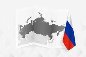 A grayscale map of Russia with a hanging Russian flag on one side. Map for many types of news. vector