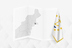 A grayscale map of Rhode Island with a hanging Rhode Island flag on one side. Map for many types of news. vector