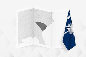 A grayscale map of South Carolina with a hanging South Carolina flag on one side. Map for many types of news. vector
