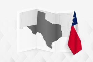 A grayscale map of Texas with a hanging Texas flag on one side. Map for many types of news. vector
