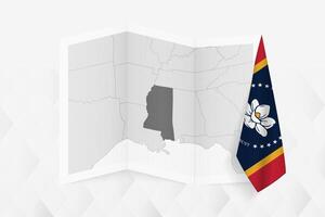 A grayscale map of Mississippi with a hanging Mississippi flag on one side. Map for many types of news. vector